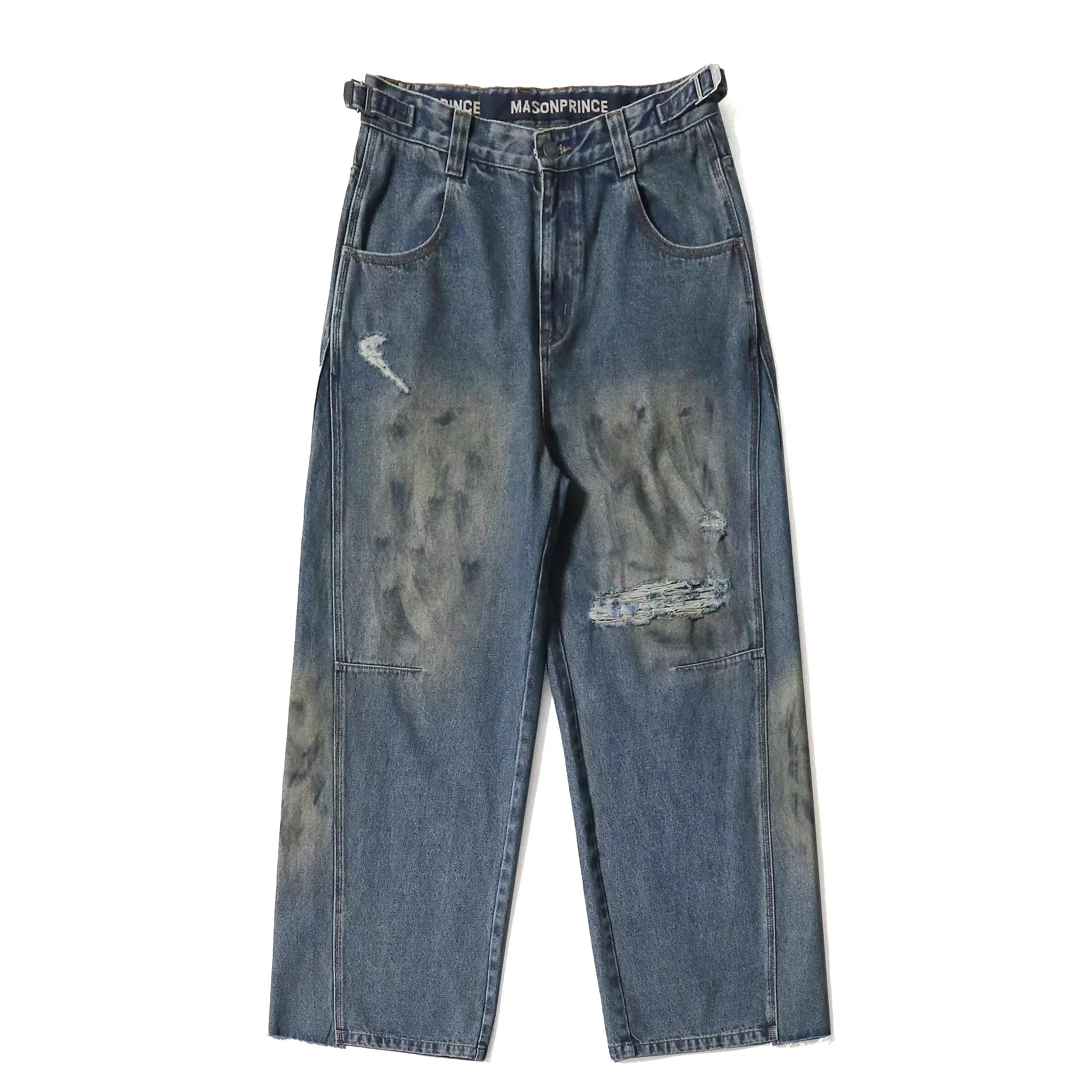 MASONPRINCE Men's Two-Tone Distressed Wide-Leg Straight Jeans