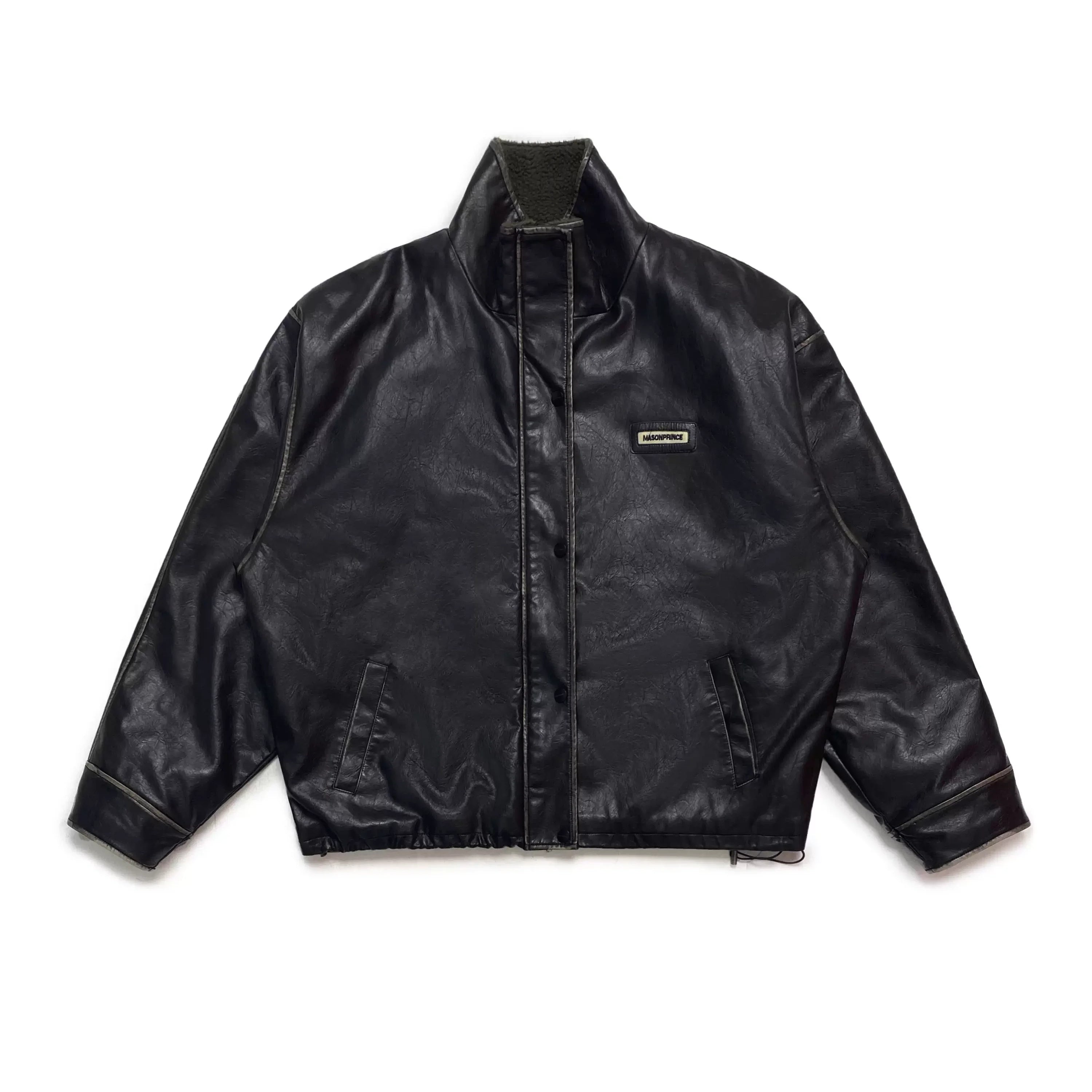 MASONPRINCE Men's Distressed Faux Leather Sherpa-Lined Winter Jacket - Loose Fit