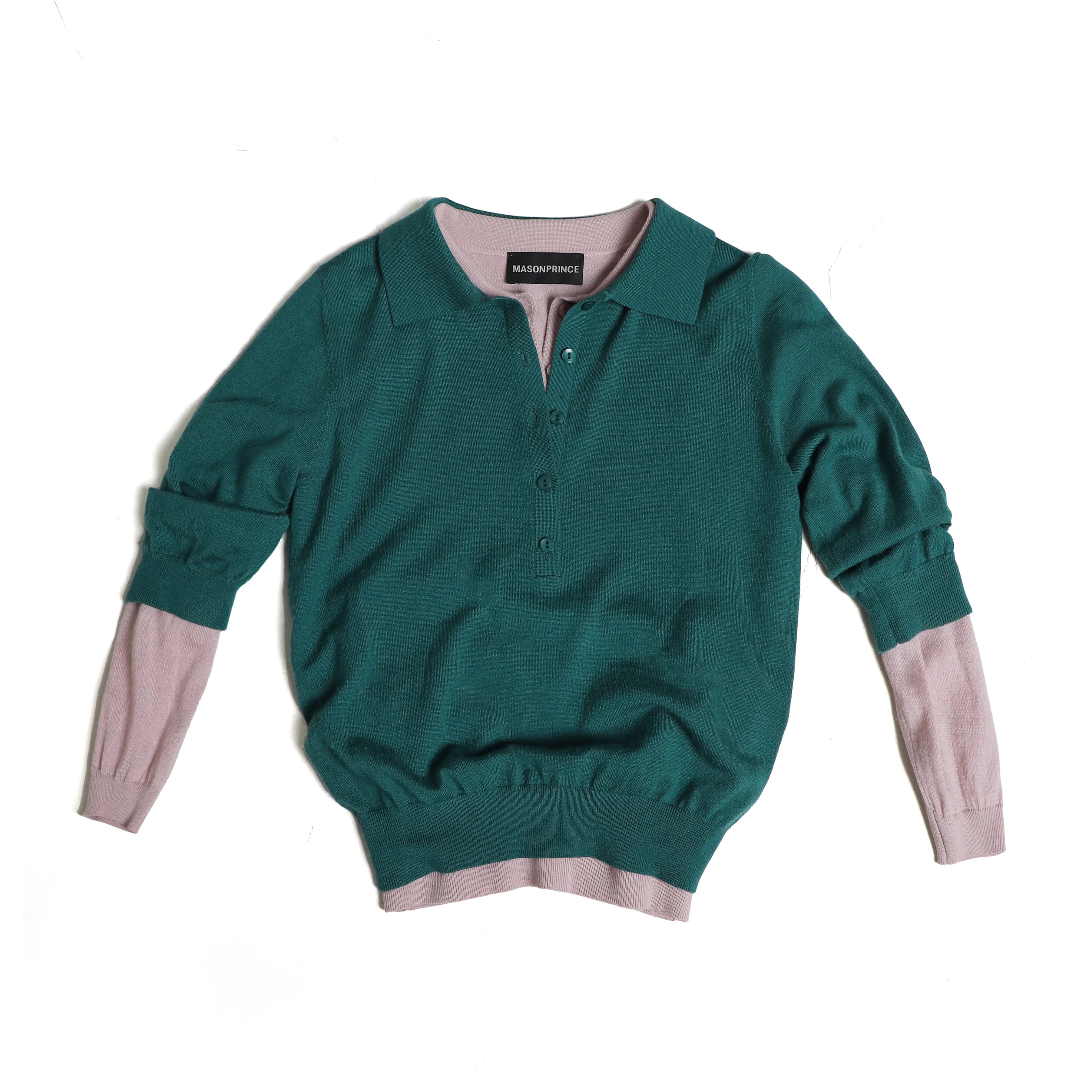 MASONPRINCE Colorblock Turquoise Knit Polo Shirt with Pink Accents