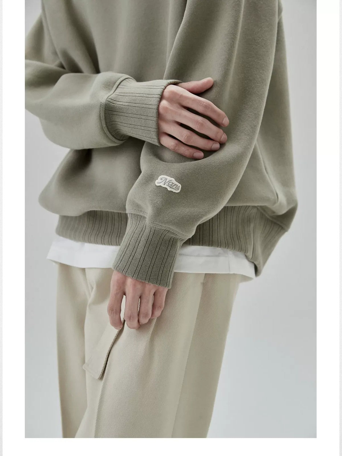 NANS Heavyweight Brushed Fleece Crewneck in Olive - On Model