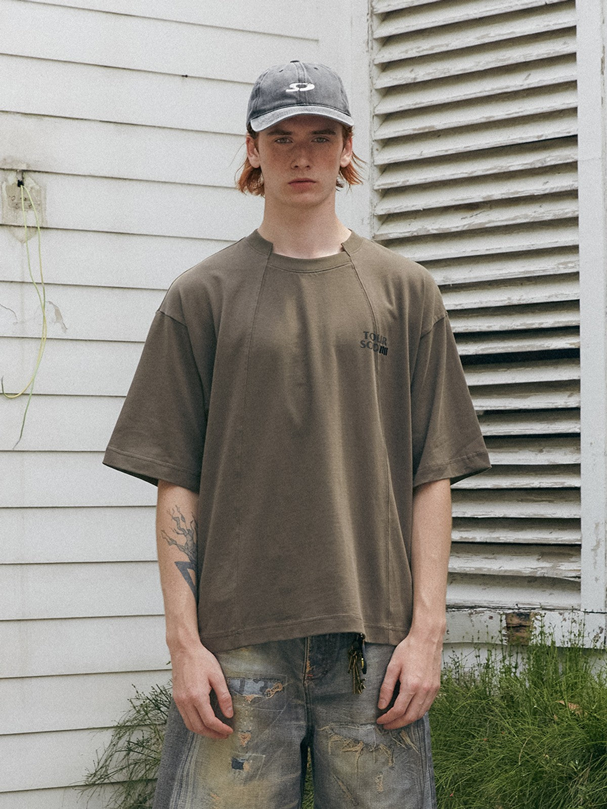 SOD Online Store Deconstructed Panel Cotton T Shirt in Olive - Lifestyle