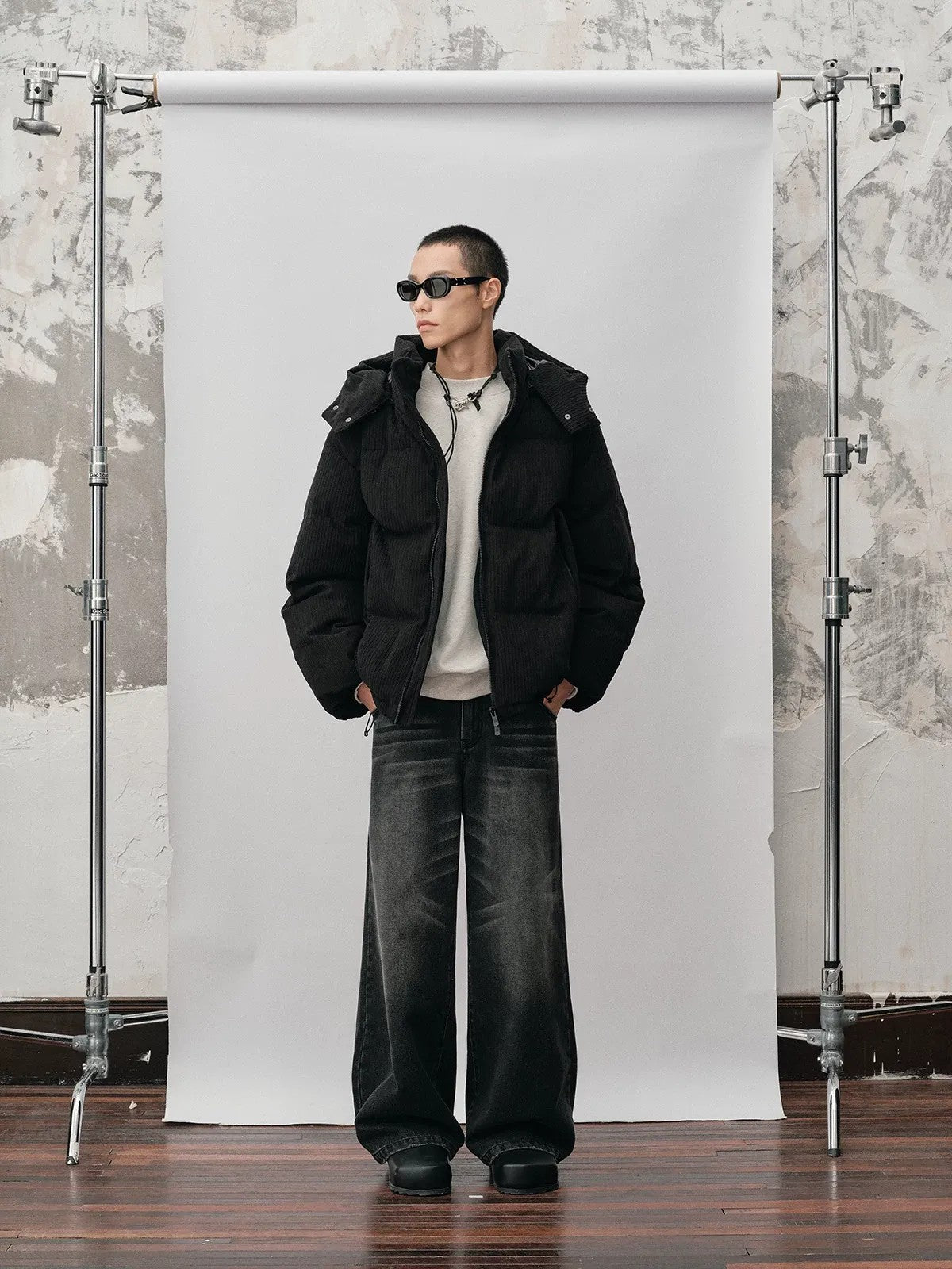 NANS Corduroy Texture Down Puffer Jacket in Black - On Model