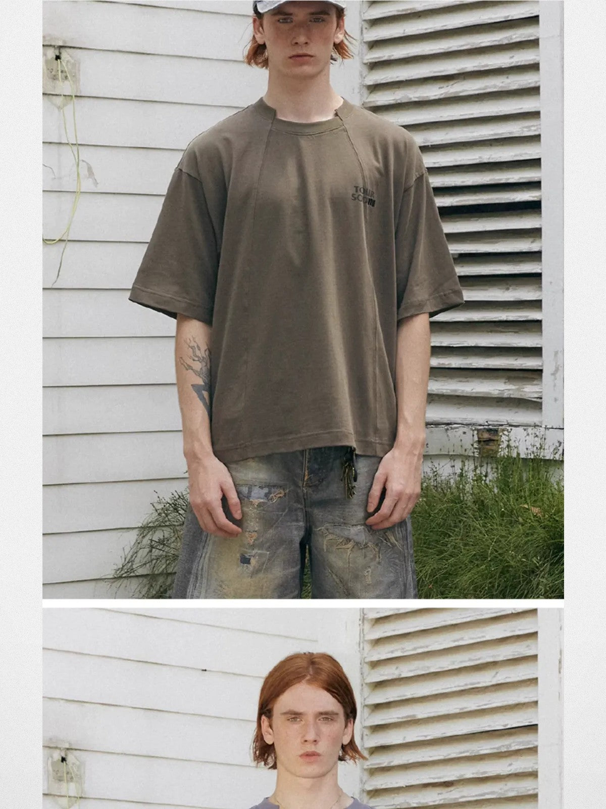 SOD Online Store Deconstructed Panel Cotton T Shirt in Olive - On Model