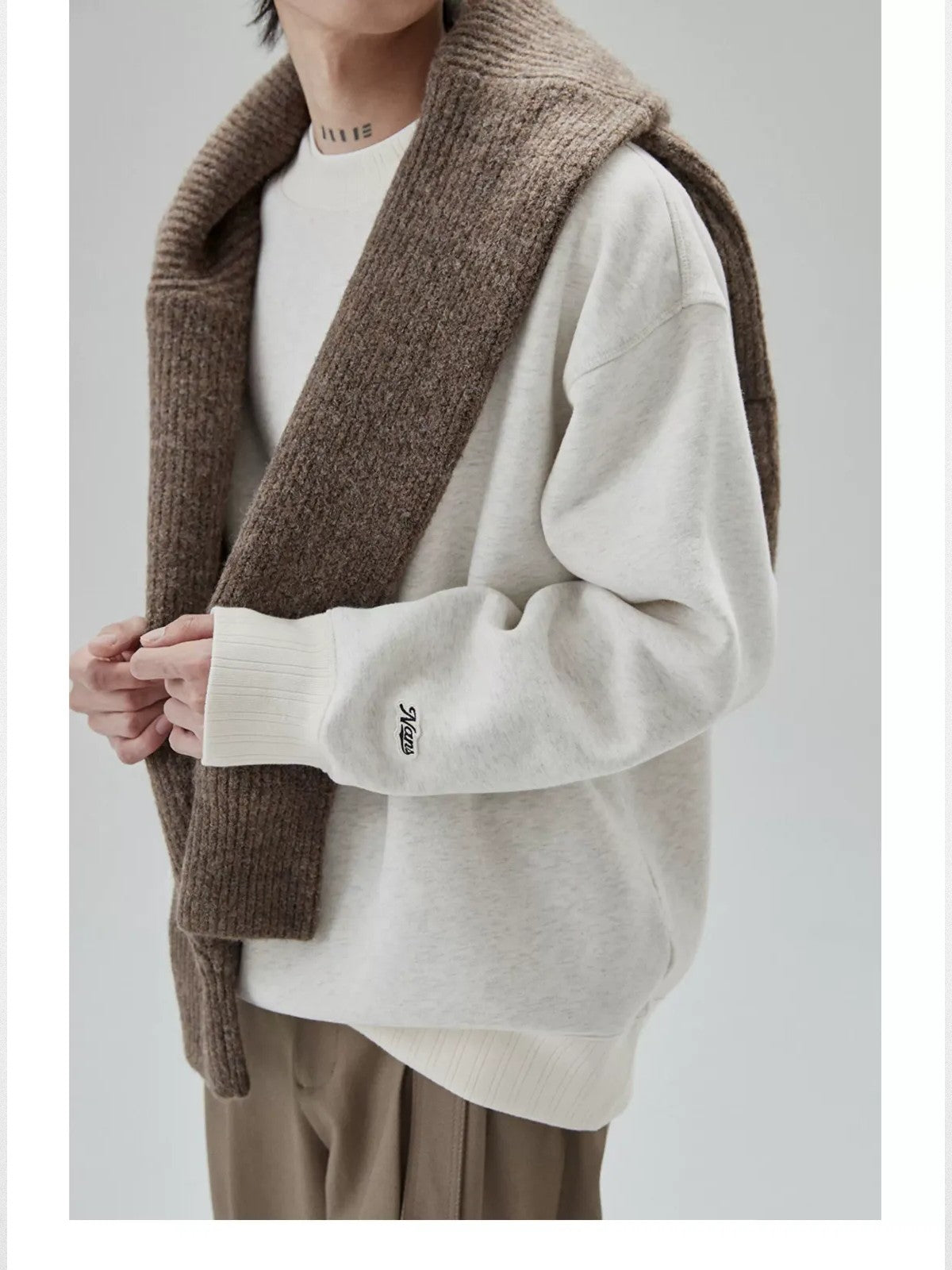 NANS Heavyweight Brushed Fleece Crewneck in Gray - On Model