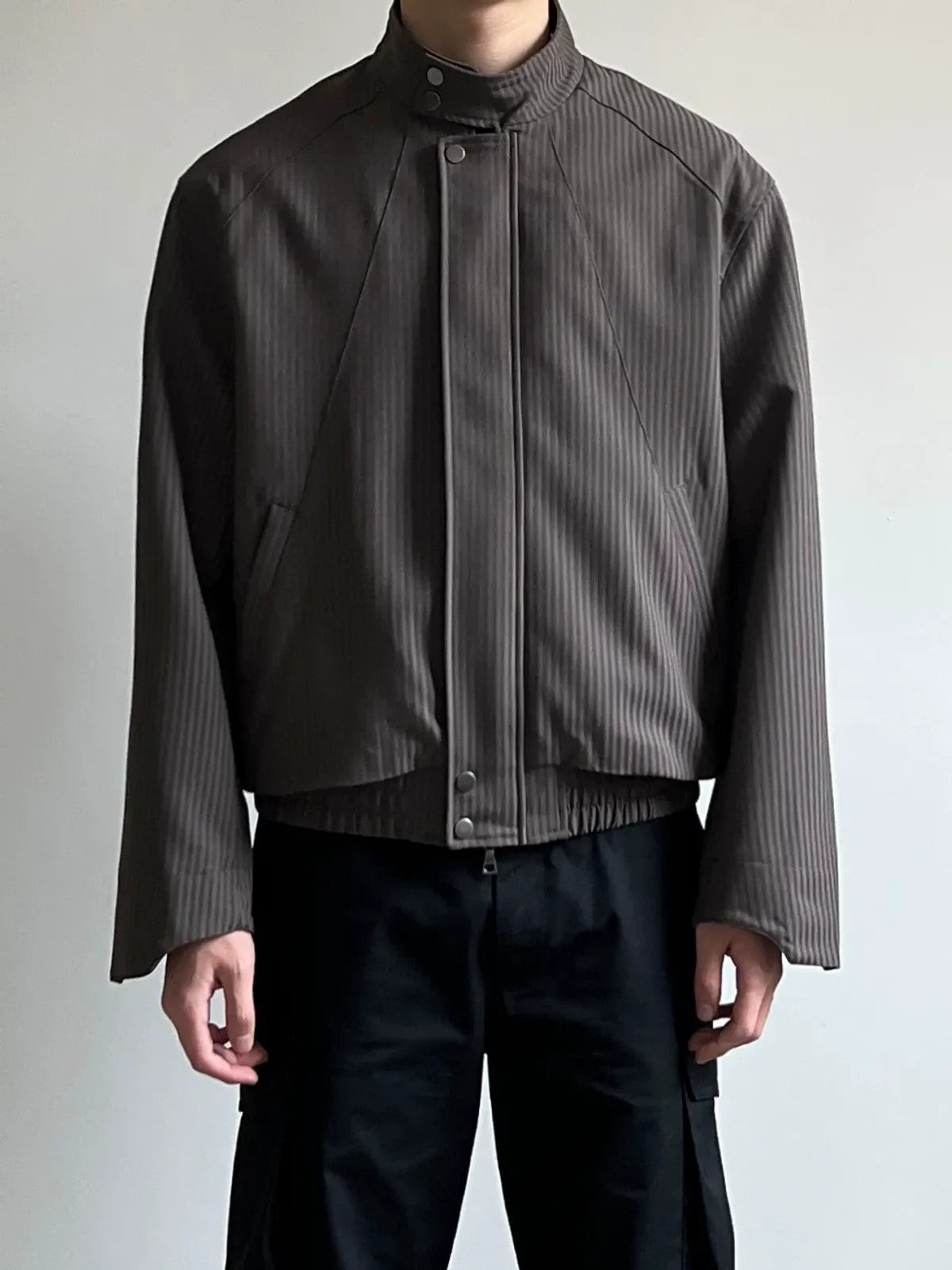 AFterTaste Two Tone Striped Harrington Jacket in Beige - On Model