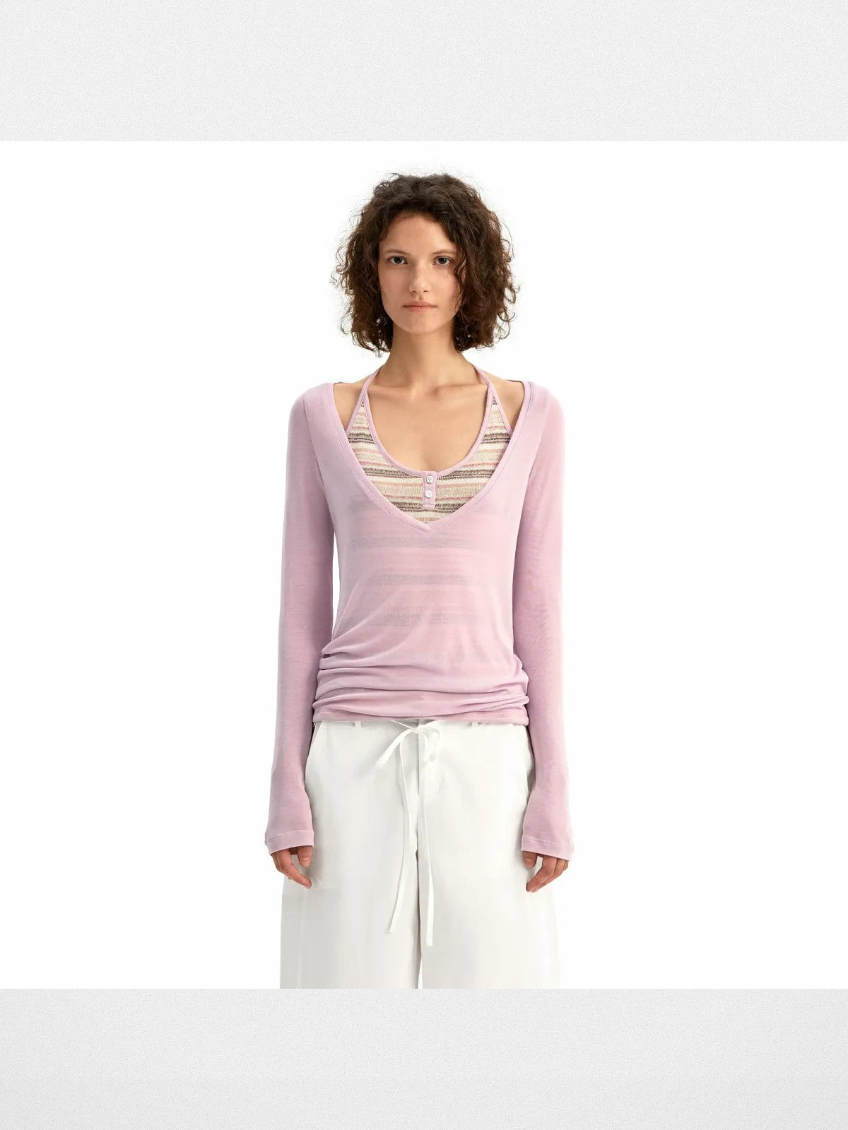 PUKI Mock Layered Striped Top in Lavender - On Model
