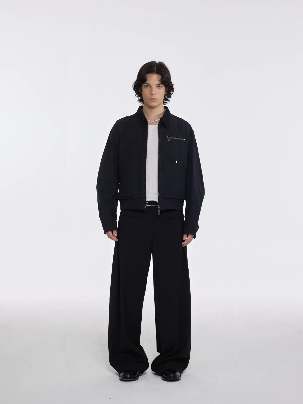 AFterTaste Washed Pearl Canvas Cropped Jacket in Navy - On Model