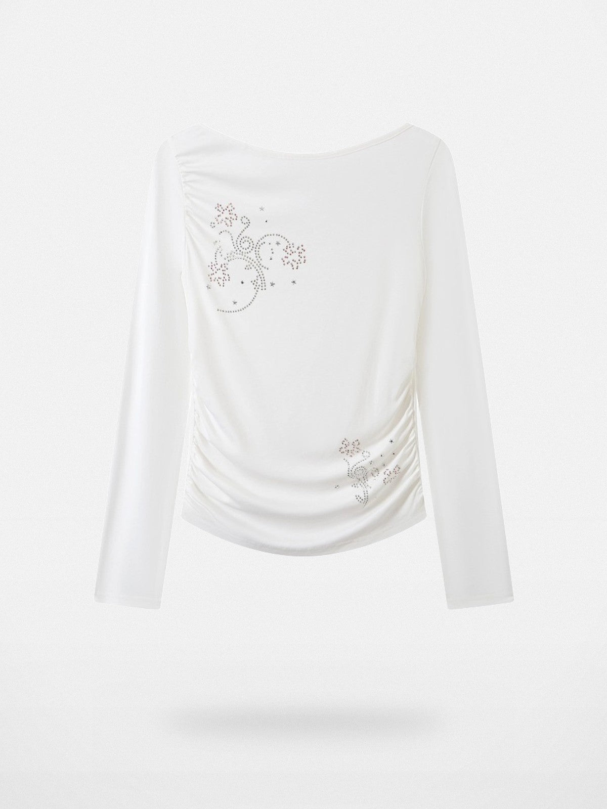 THELIGHT OFFICIAL Rhinestone Ruched Boat Neck Top in White
