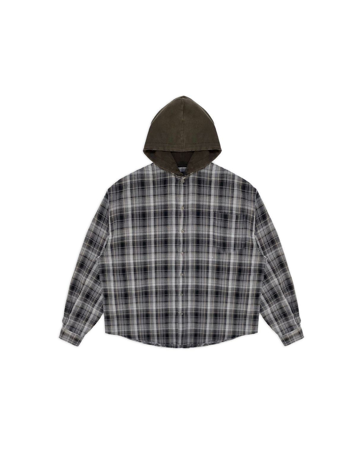 MASONPRINCE Faded Plaid Hooded Shirt in Black