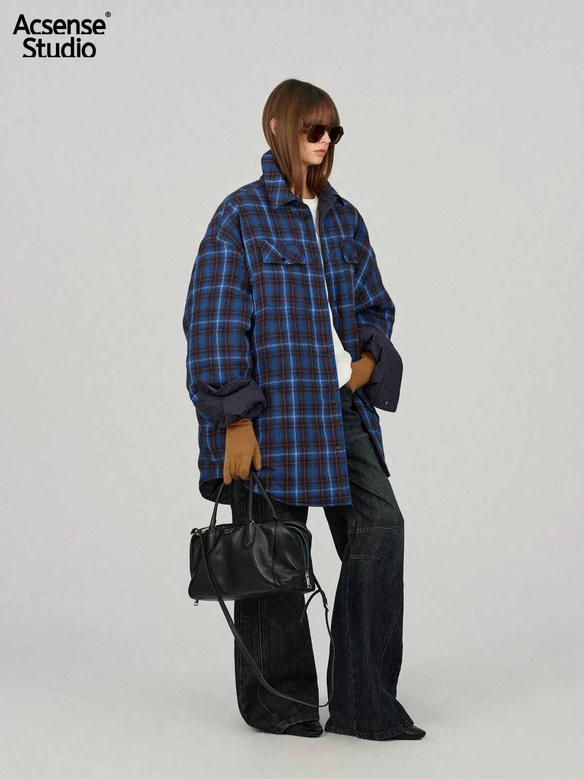 Acsense Studio Reversible Padded Plaid Shirt Jacket in Blue - On Model