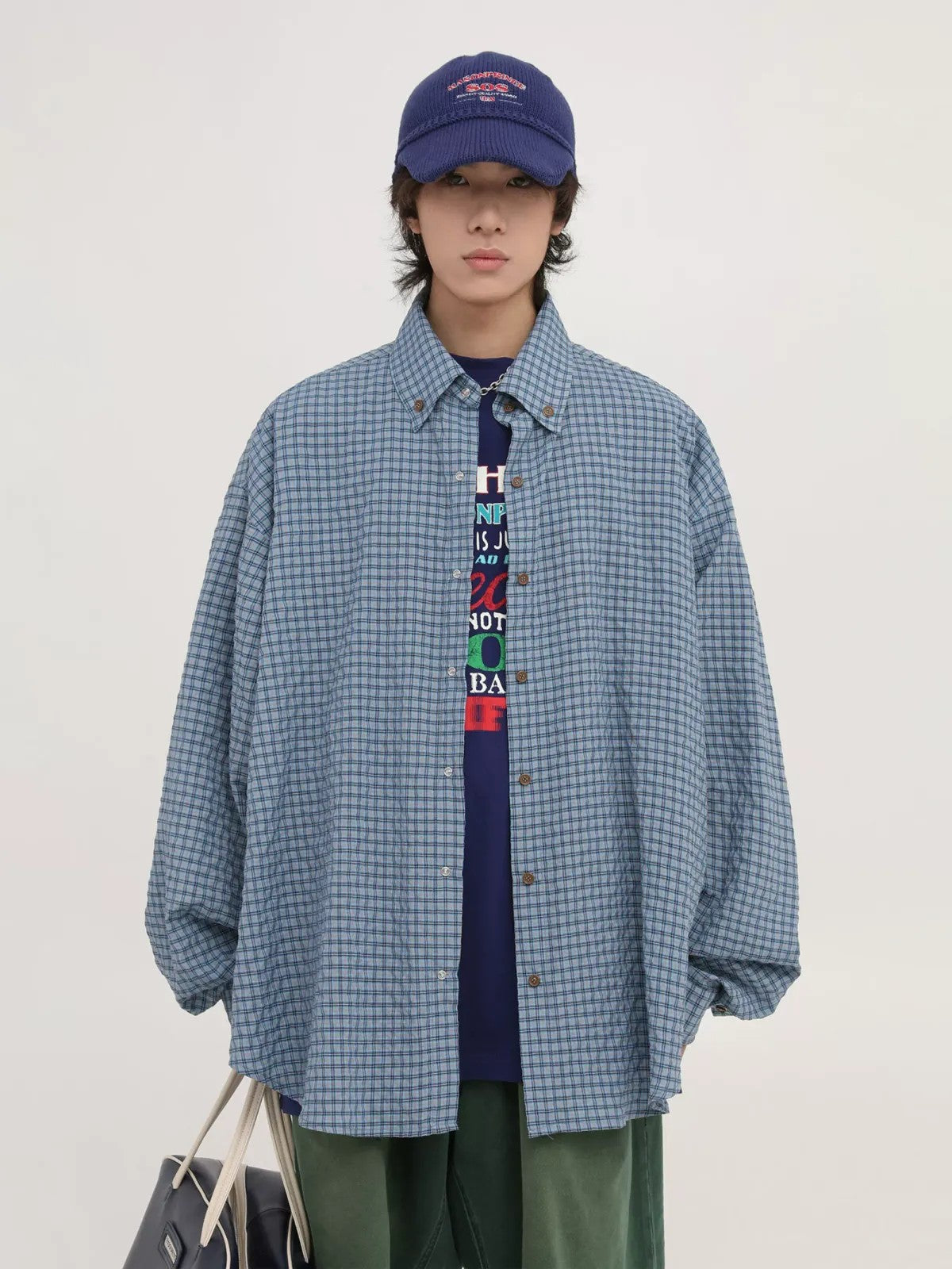 MASONPRINCE Oversized Plaid Shirt in Blue - On Model