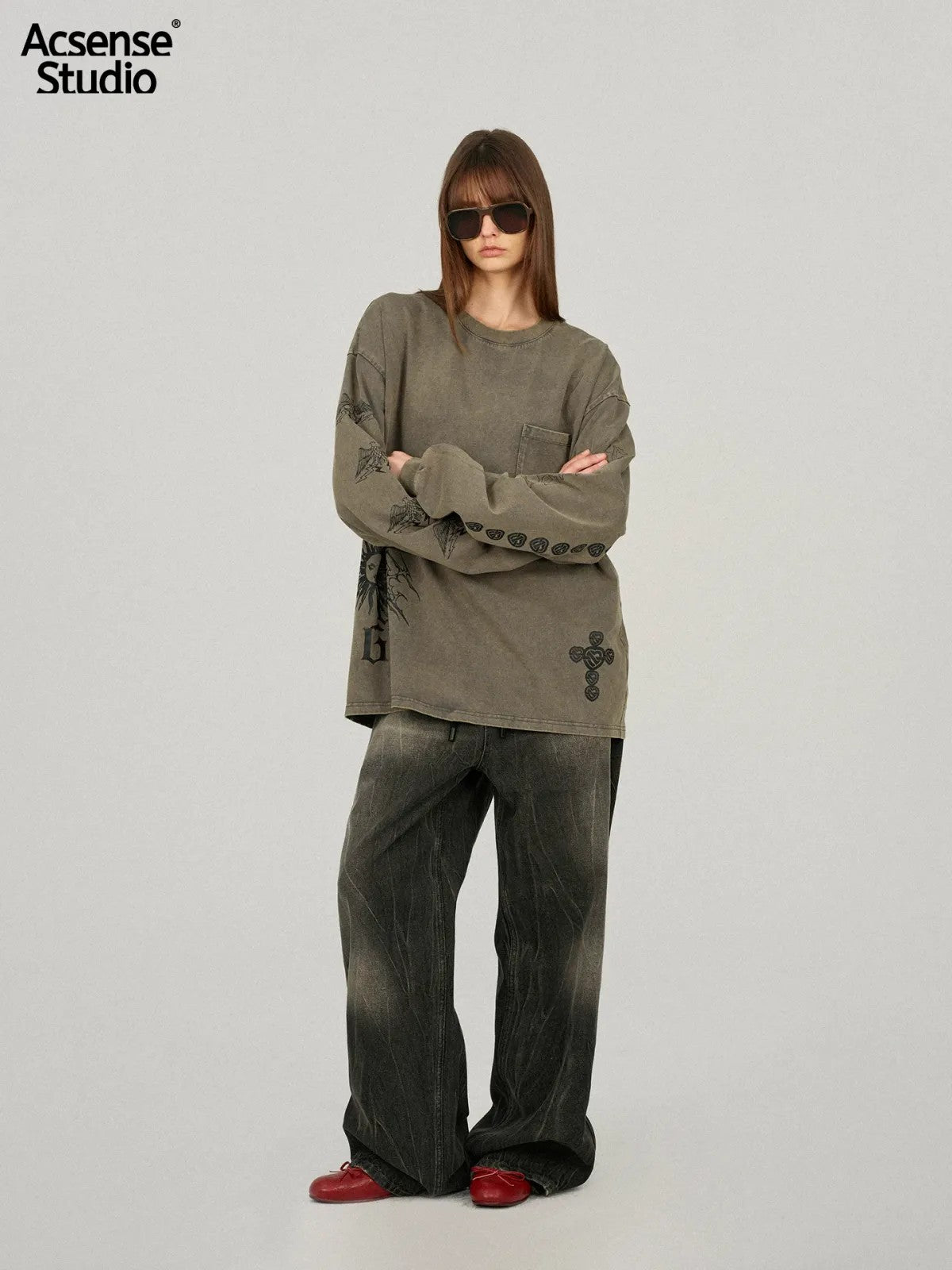 ACSENSE STUDIO Acid Wash Graphic Long Sleeve T Shirt in Olive - On Model