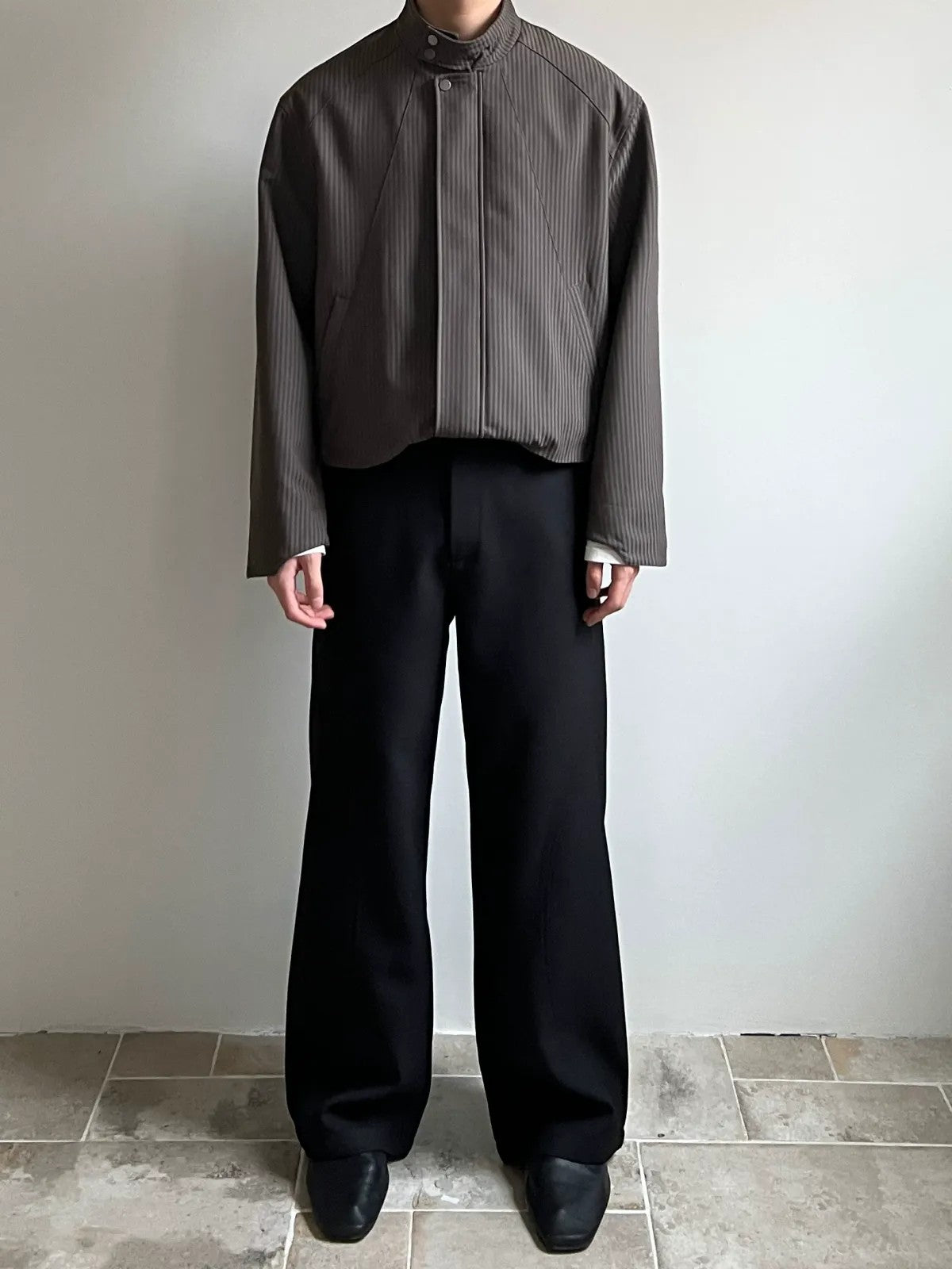 AFterTaste Two Tone Striped Harrington Jacket in Beige - On Model