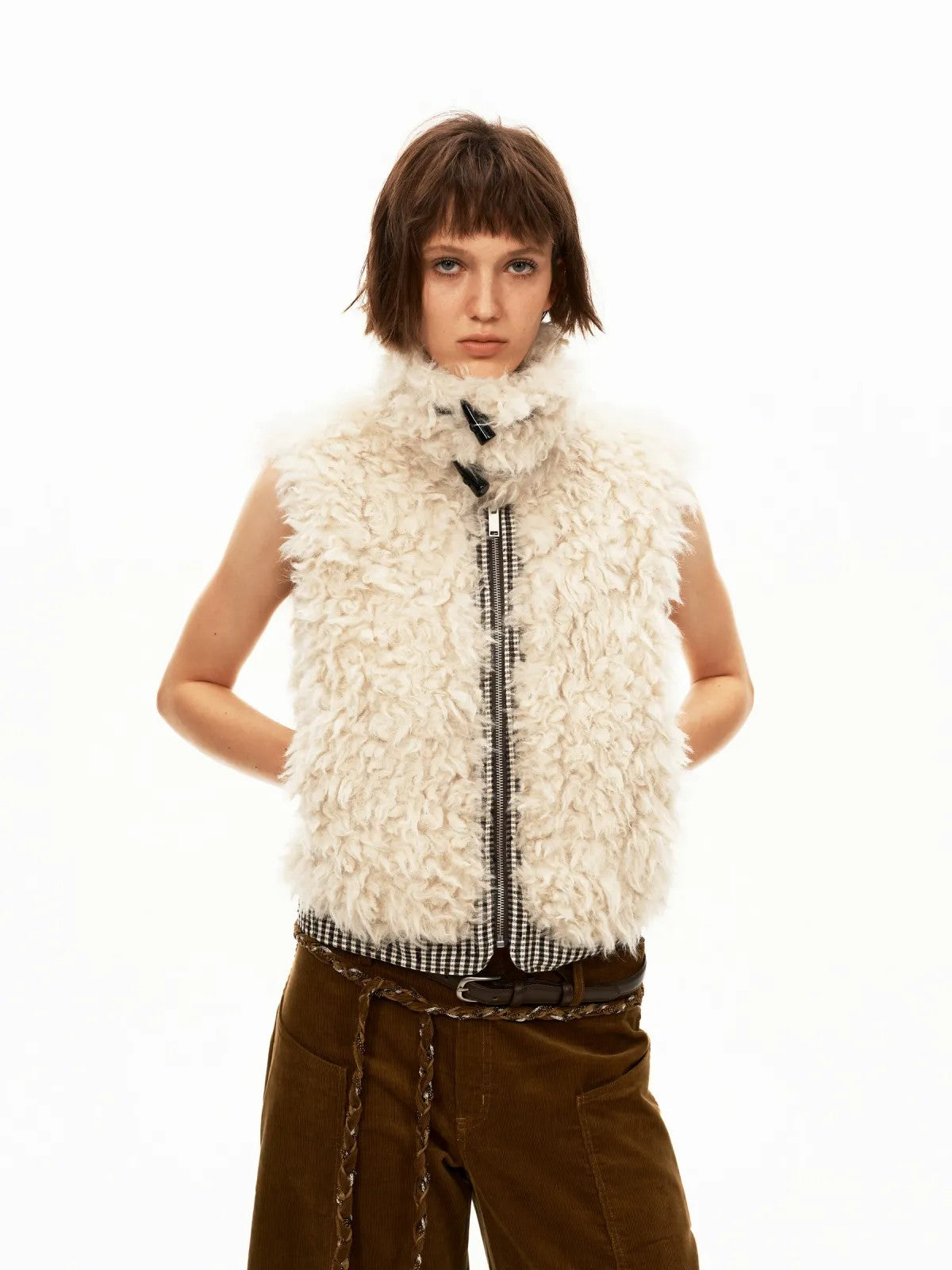 PUKI Reversible Sherpa Plaid Vest in Cream - On Model