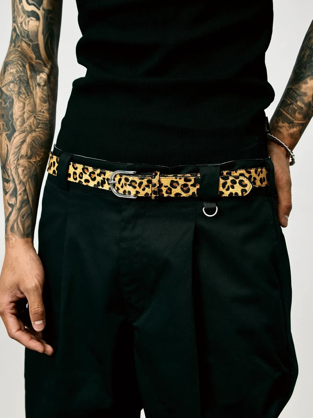 SWFI Far East Leopard Print Pony Hair Leather Belt in Black - On Model