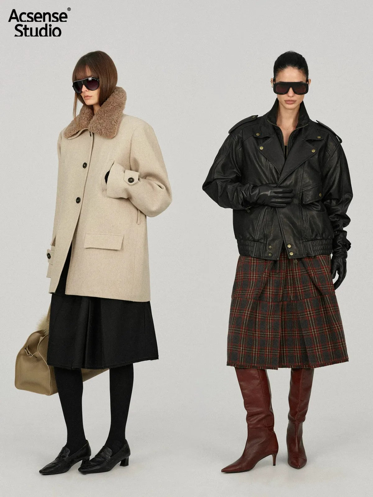 ACSENSE STUDIO Wool Blend Plaid High Waist Skirt in Gray - On Model