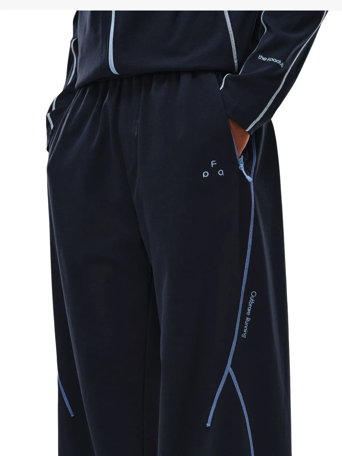 FPA Contrast Stitch Fleece Pants in Navy Blue - On Model