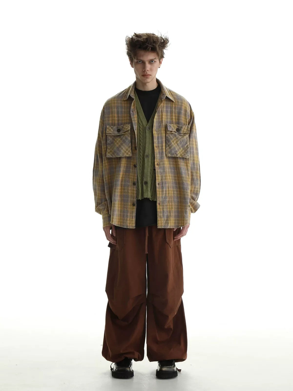 MASONPRINCE 3D Pocket Plaid Shirt in Mustard - On Model