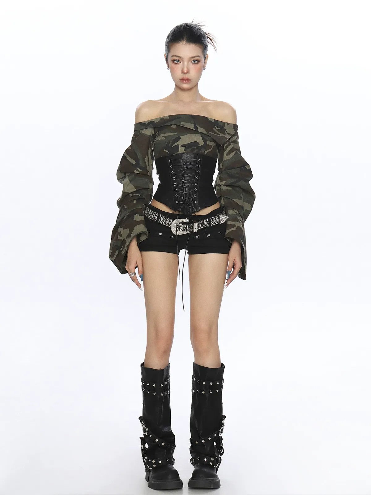 BIGGOLD STUDIO Camo Off Shoulder Corset Top in Olive - On Model