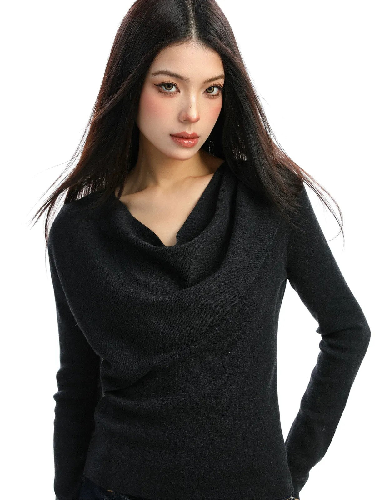 BIGGOLD STUDIO Asymmetric Cowl Neck Top in Gray - On Model