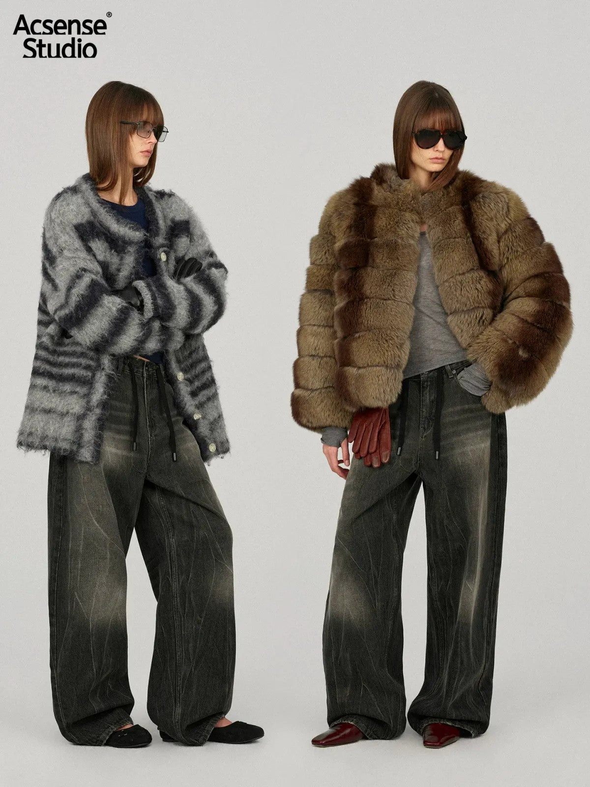 ACSENSE STUDIO Hand Rubbed Wide Leg Jeans in Gray - On Model