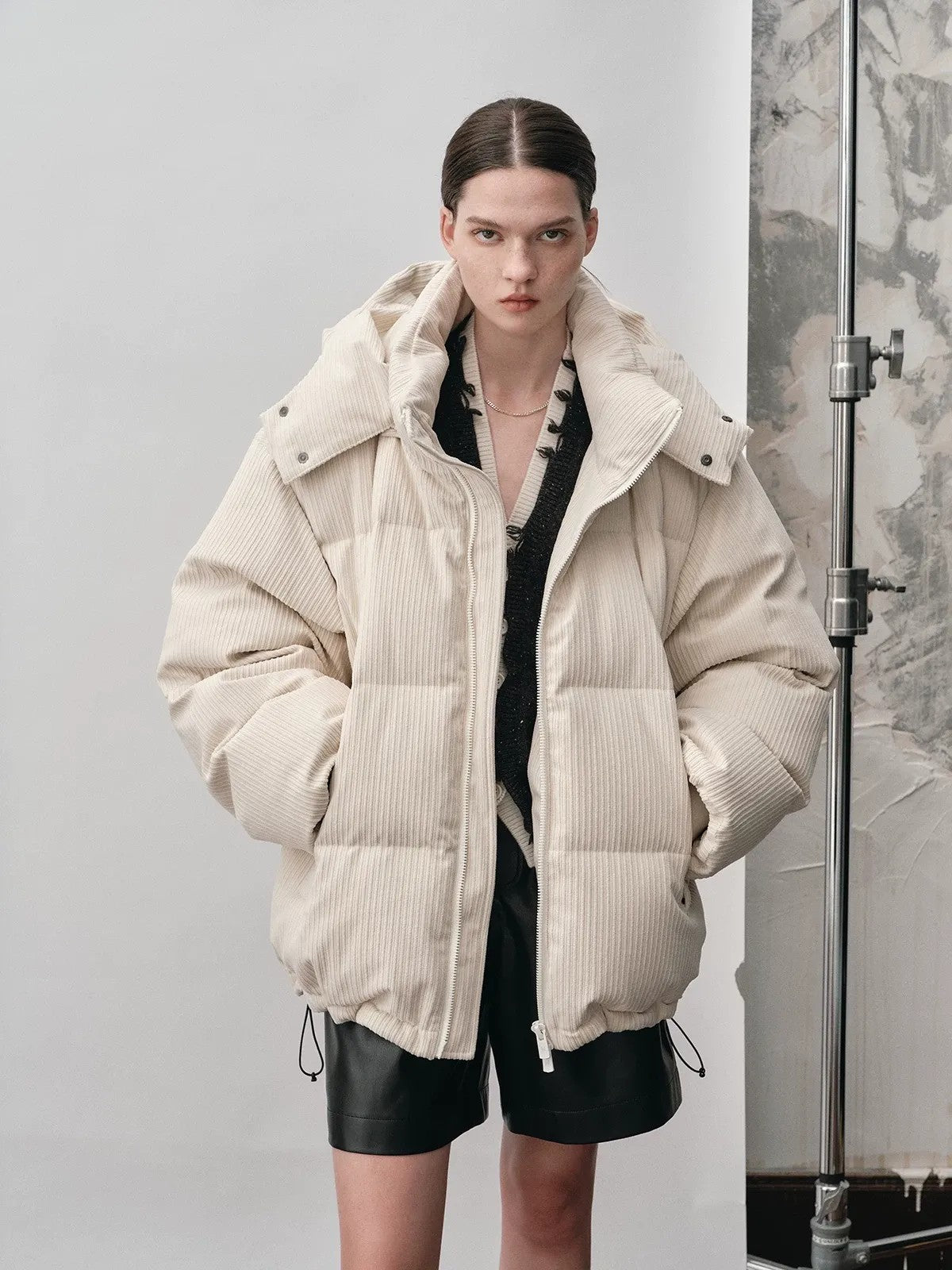 NANS Corduroy Texture Down Puffer Jacket in White - On Model