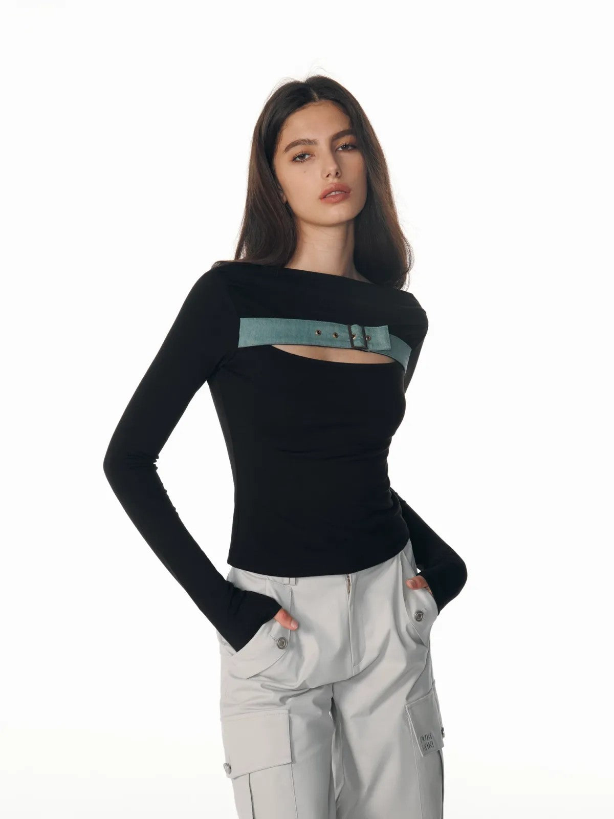 PUKI Buckled Denim Off Shoulder Top in Black - On Model