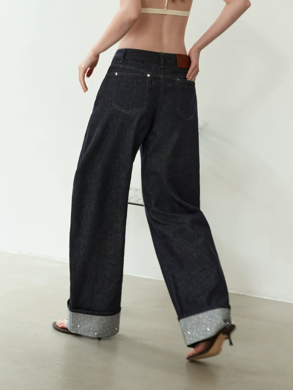 PUKI Rhinestone Cuff Curved Leg Jeans in Blue - On Model