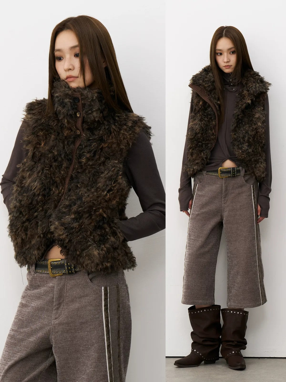 THELIGHT OFFICIAL Shaggy Faux Sherpa Vest in Brown - On Model