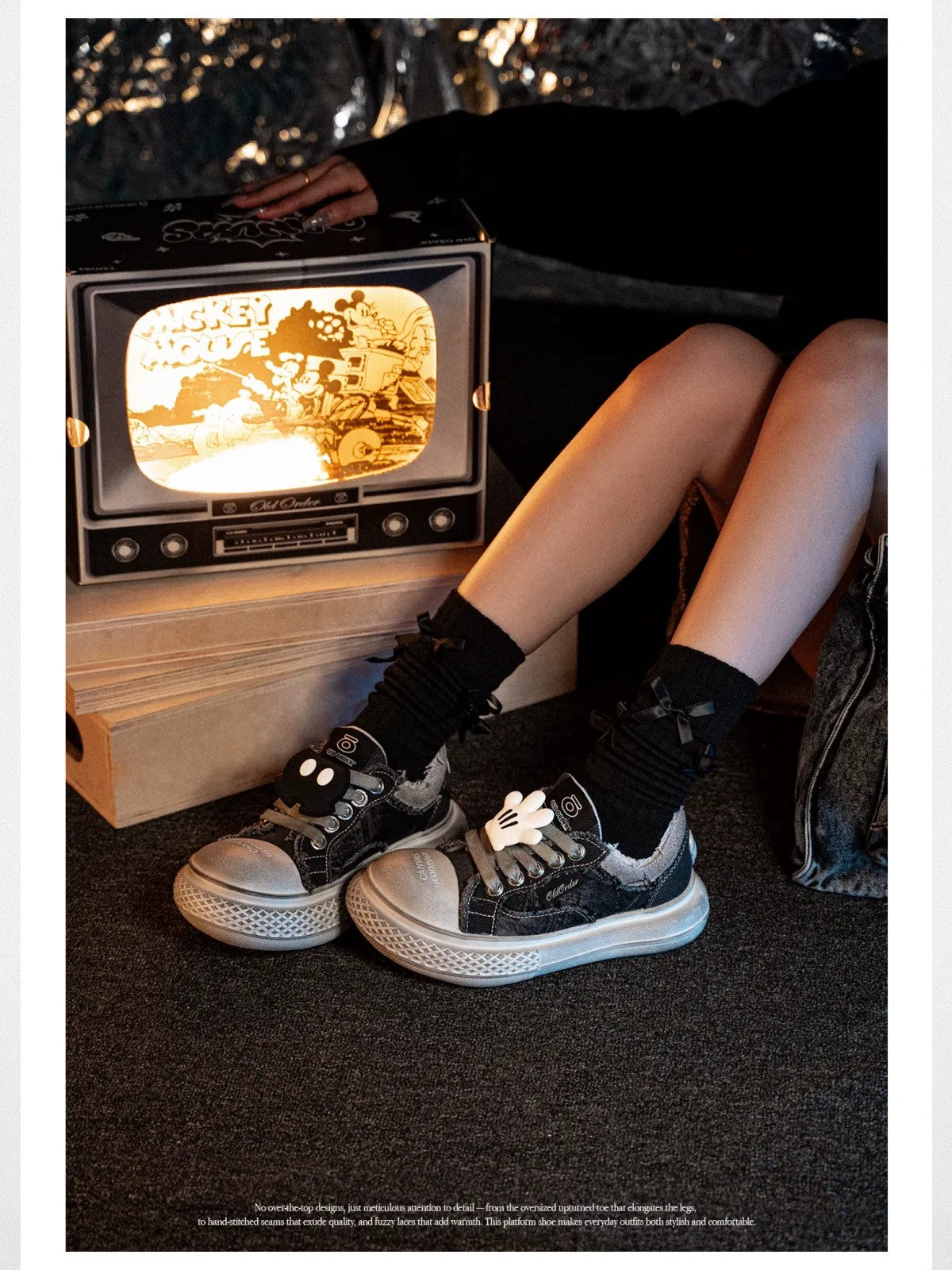 OLDORDER Mickey Mouse Chunky Platform Sneakers in Black - On Model