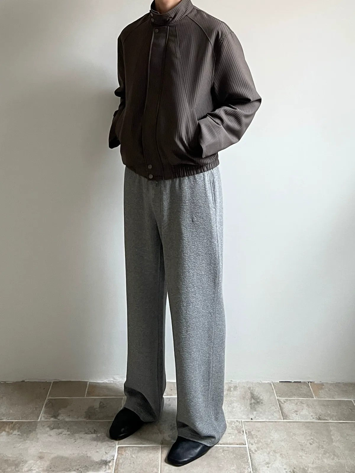 AFterTaste Two Tone Striped Harrington Jacket in Beige - On Model