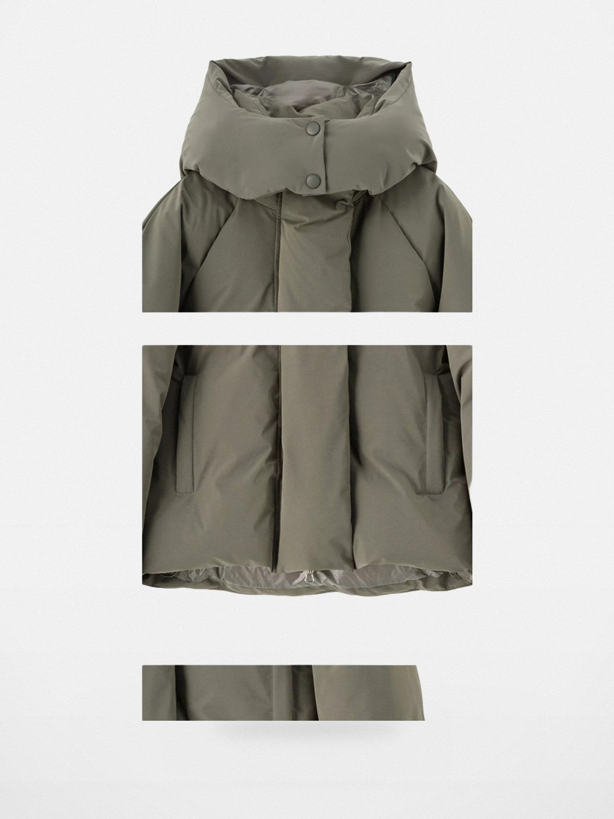 ACSENSE STUDIO Detachable Hood Down Puffer in Olive - Detail