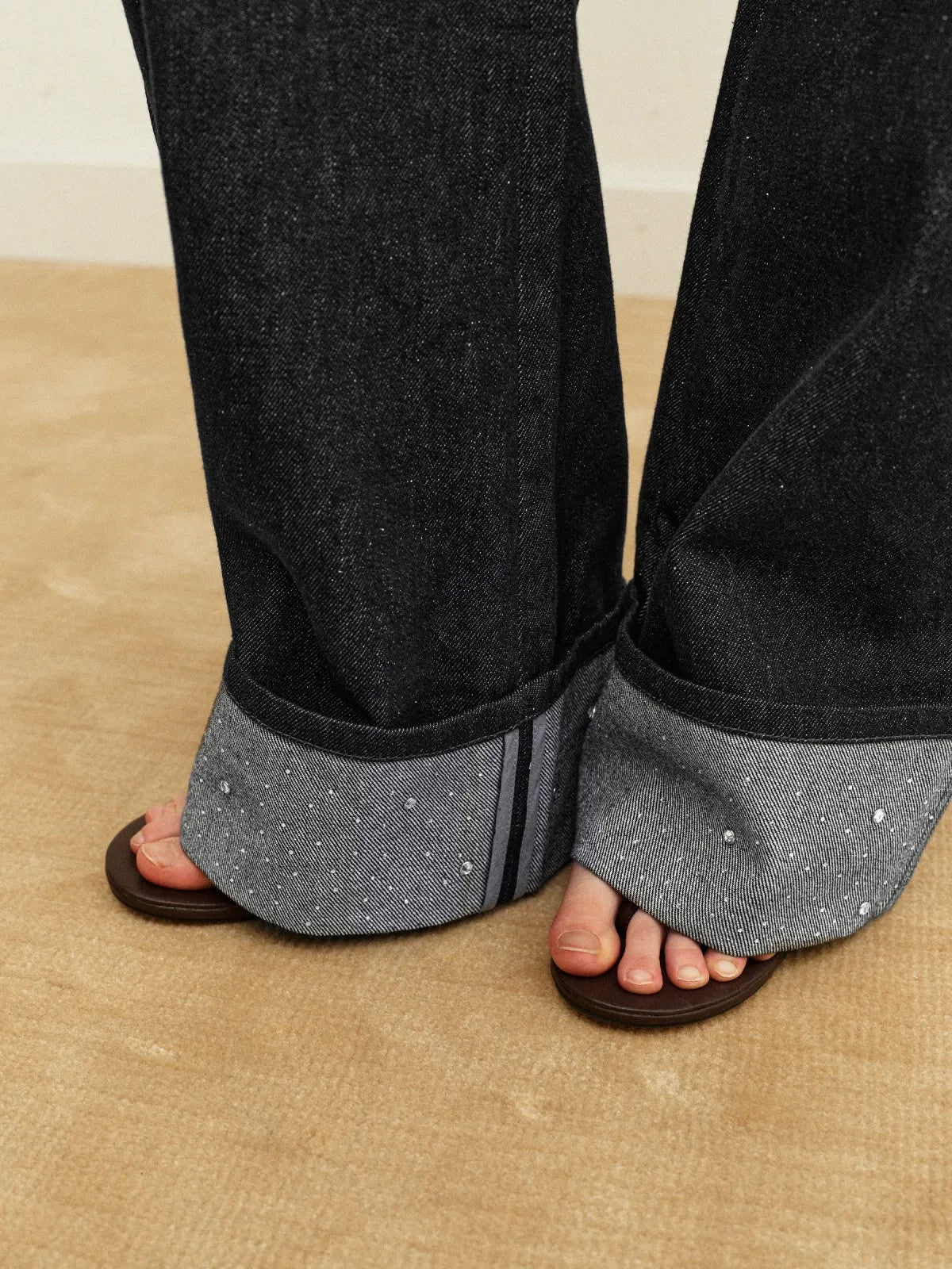 PUKI Rhinestone Cuff Curved Leg Jeans in Blue - On Model