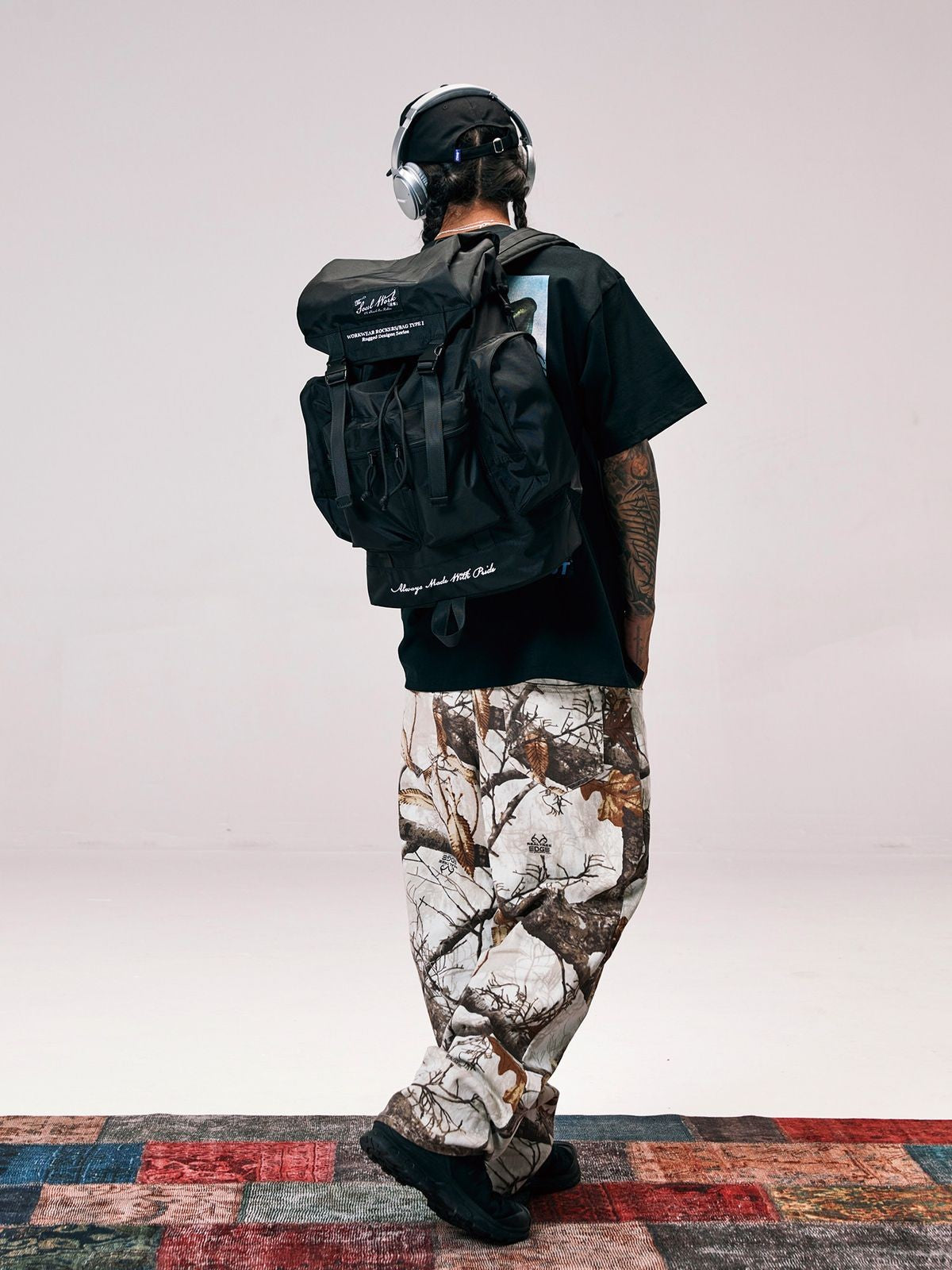 SWFI Far East Large Nylon Drawstring Backpack in Black - On Model