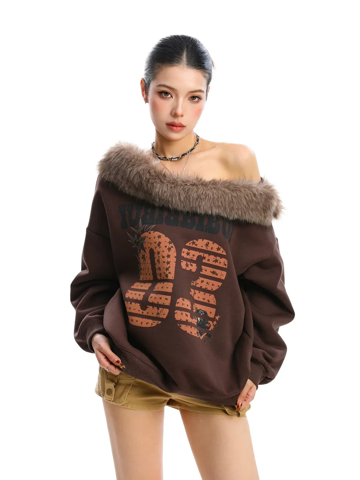 BIGGOLD STUDIO Off Shoulder Fur Collar Sweatshirt in Brown - On Model