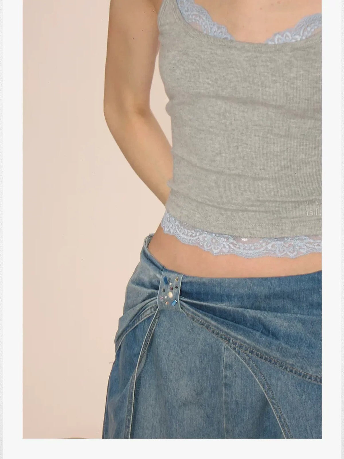 PUKI Faux Layered Lace Camisole in Gray - On Model