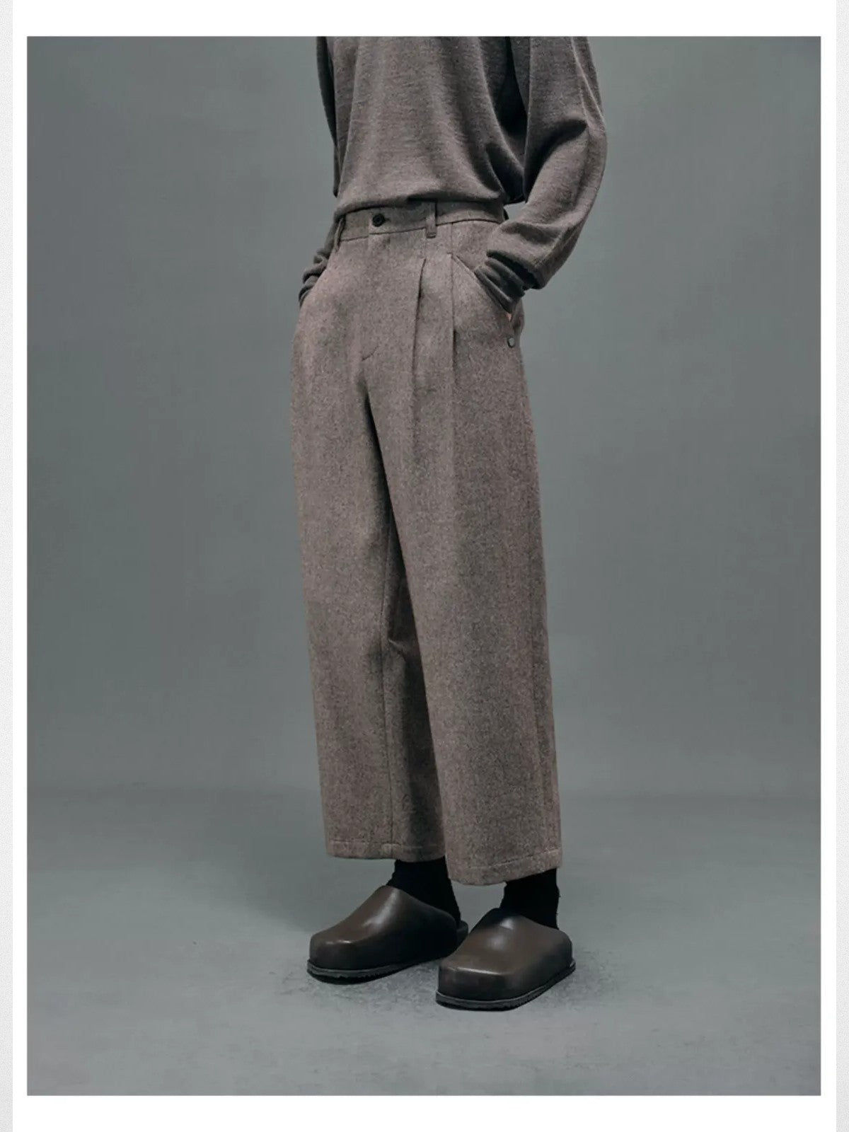 NANS Double Pleated Wool Blend Trousers in Beige - On Model