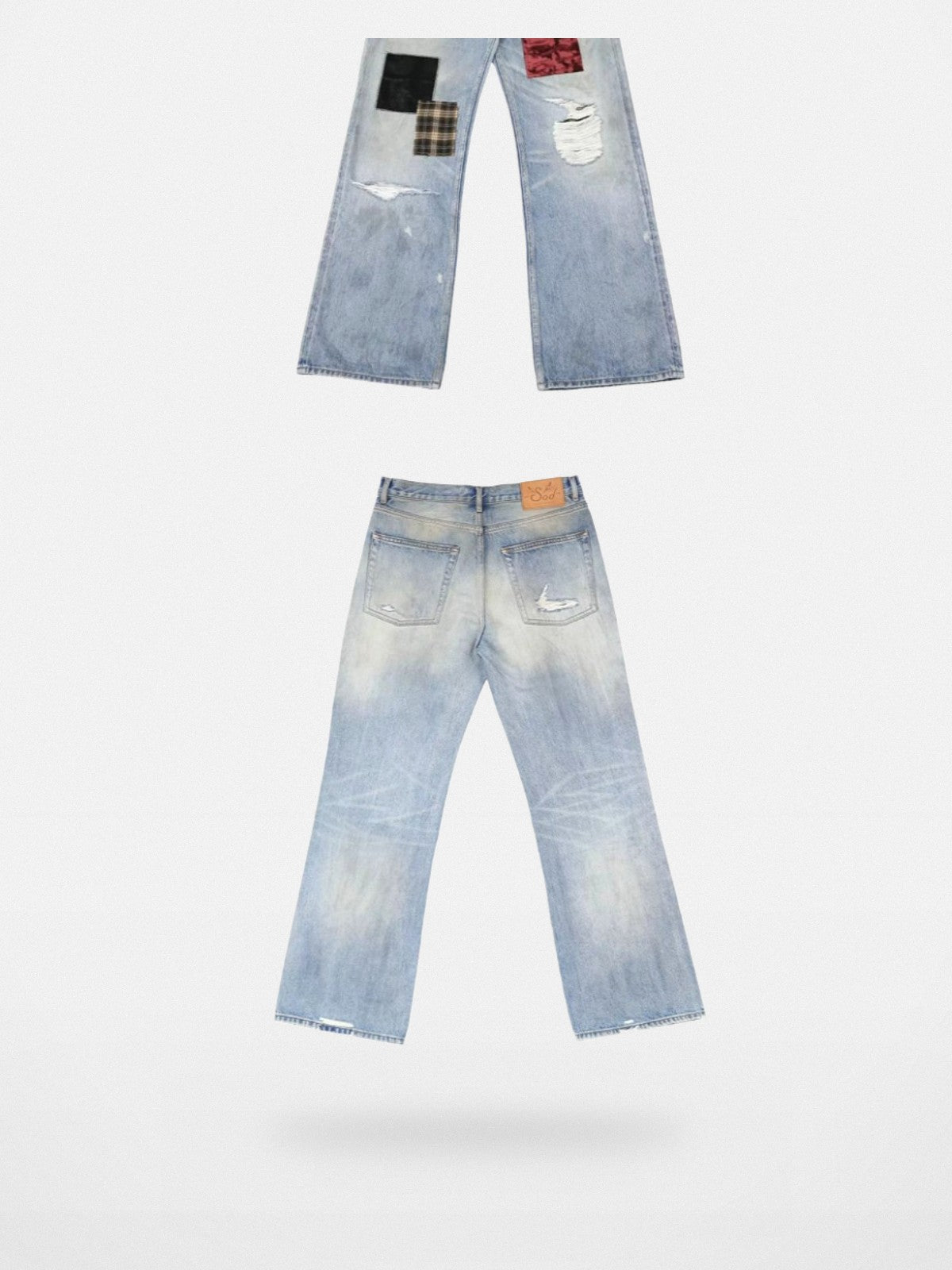 SOD Co. Patchwork Velvet Plaid Flare Jeans in Blue