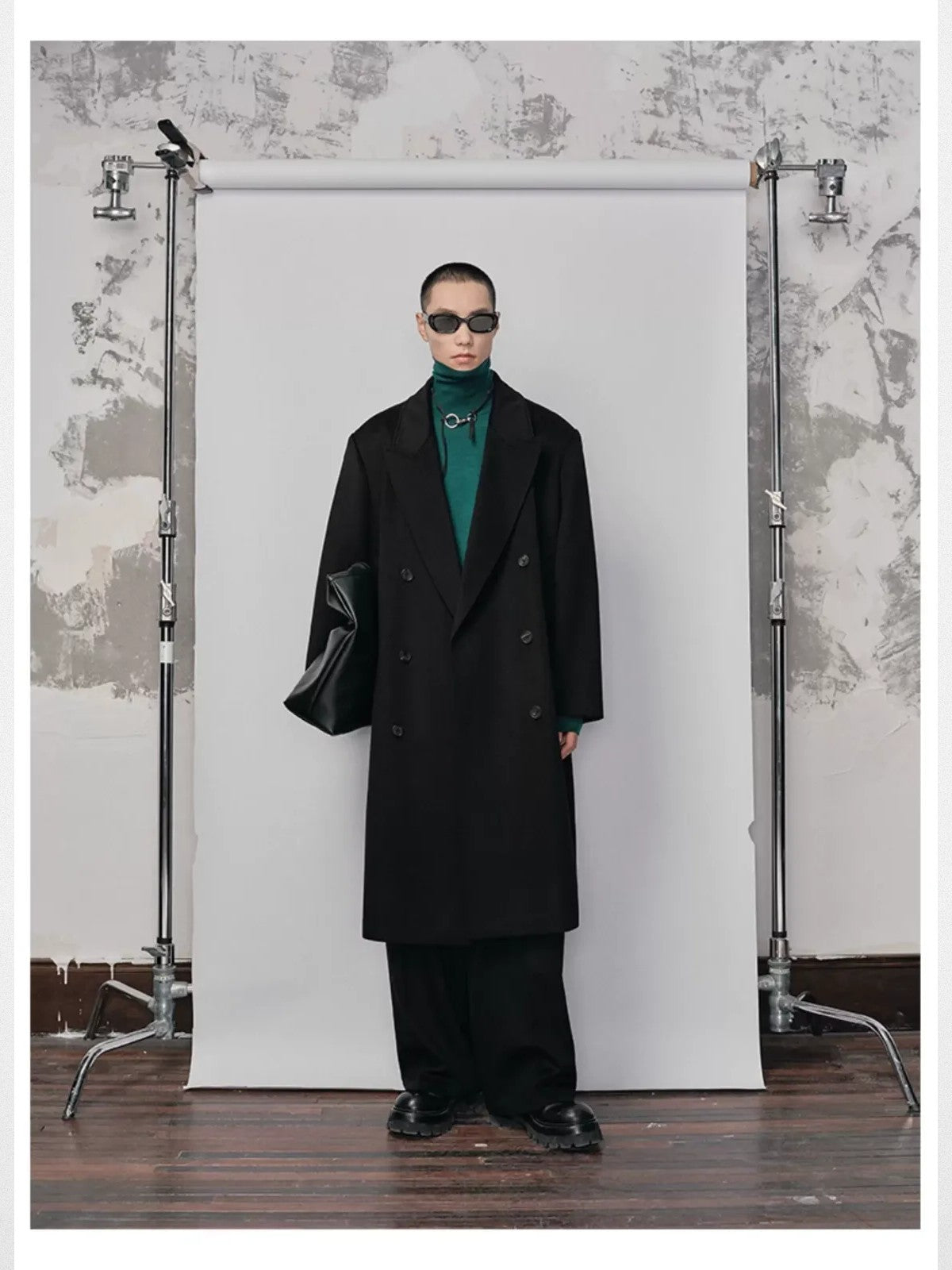 NANS Double Breasted Peak Lapel Wool Coat in Black - On Model