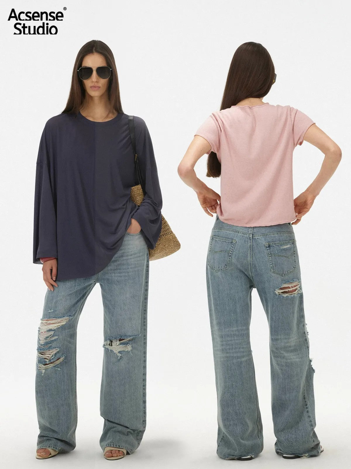 ACSENSE STUDIO Heavy Wash Distressed Straight Jeans in Denim - On Model