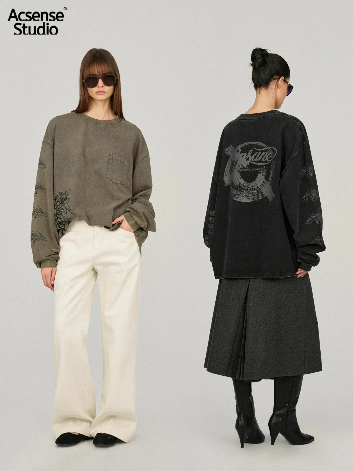 ACSENSE STUDIO Acid Wash Graphic Long Sleeve T Shirt in Olive - On Model