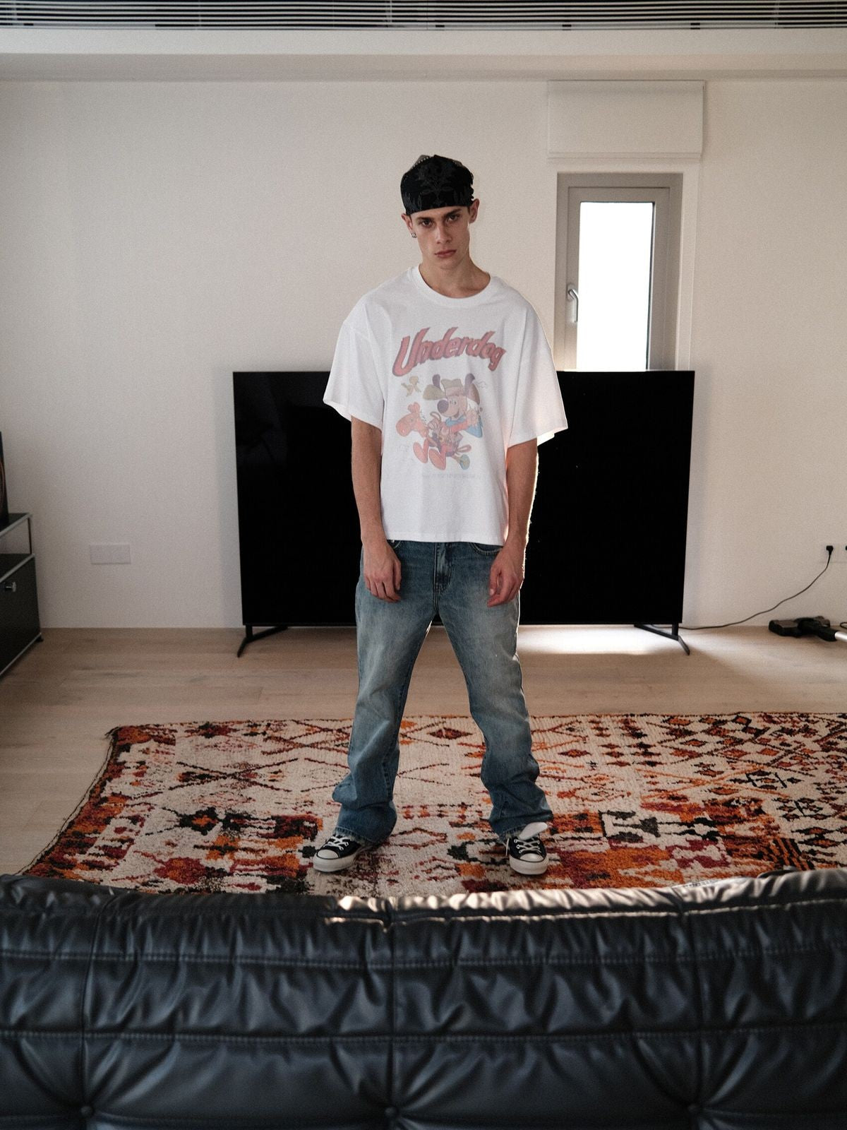 UNKNOWNWORLD Ice Blue Washed Micro Flare Jeans in Blue - On Model