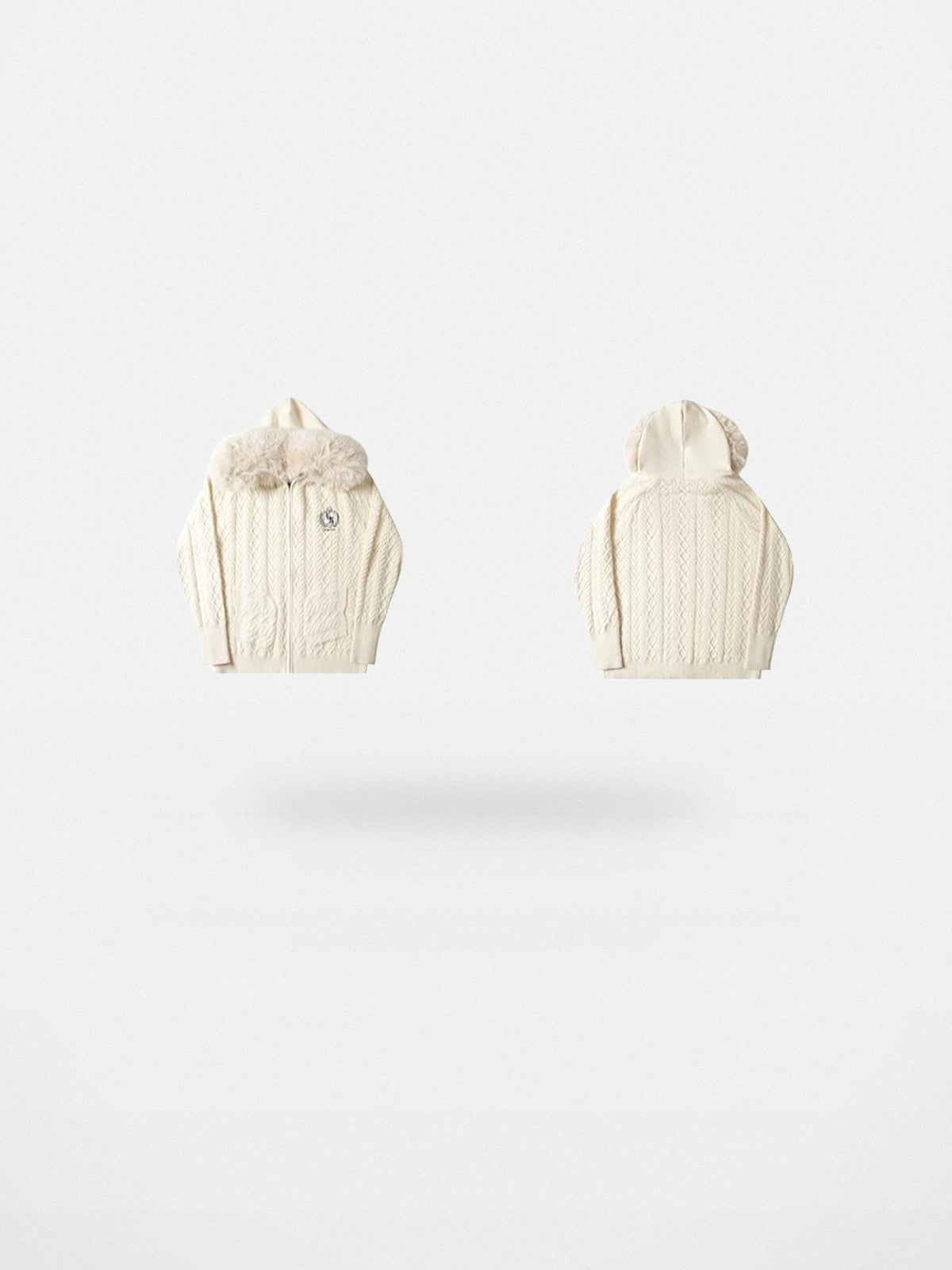 BIGGOLD STUDIO Fur Trimmed Cable Knit Zip Hoodie in White