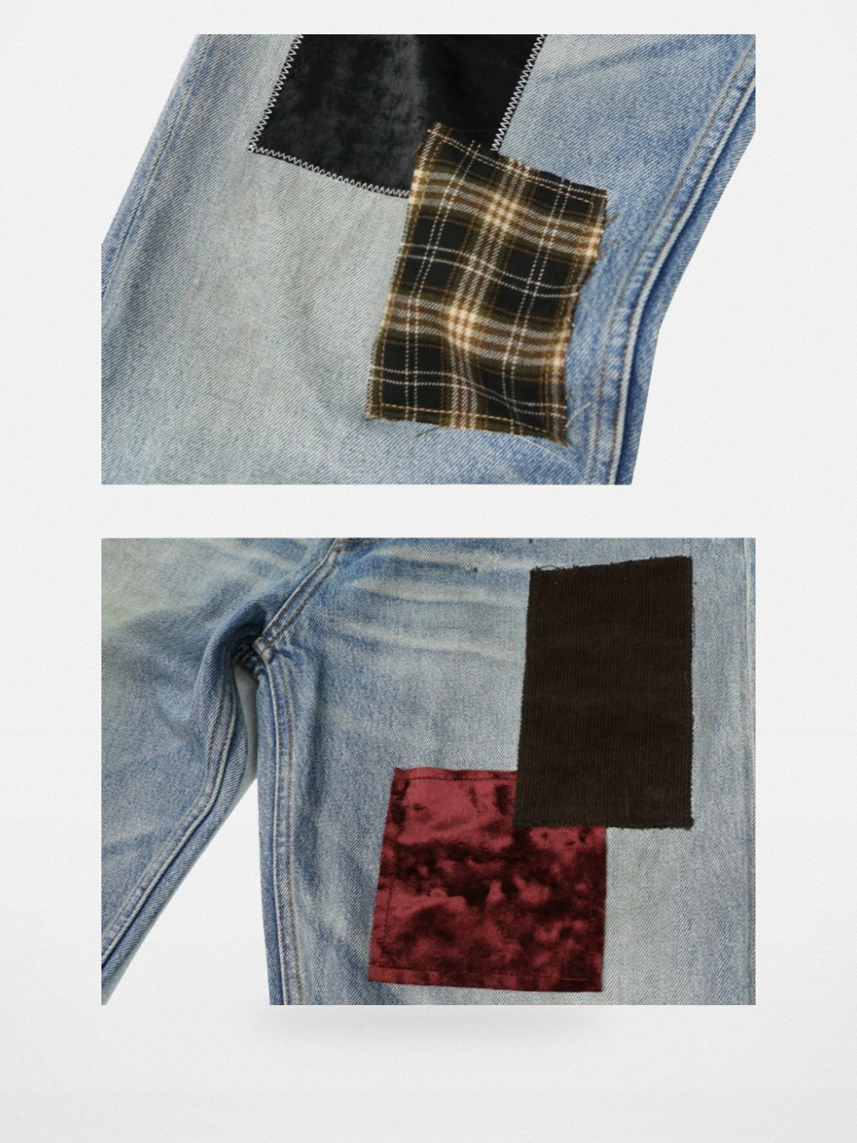 SOD Co. Patchwork Velvet Plaid Flare Jeans in Blue - Detail