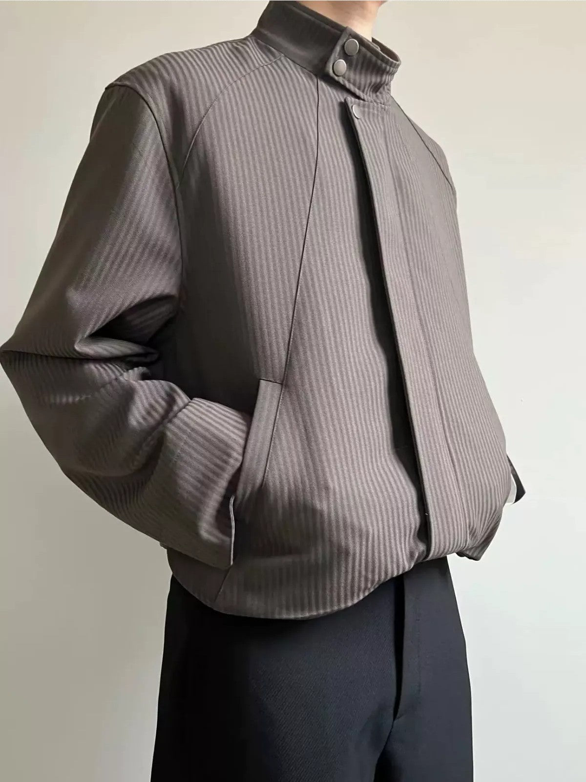 AFterTaste Two Tone Striped Harrington Jacket in Beige - On Model