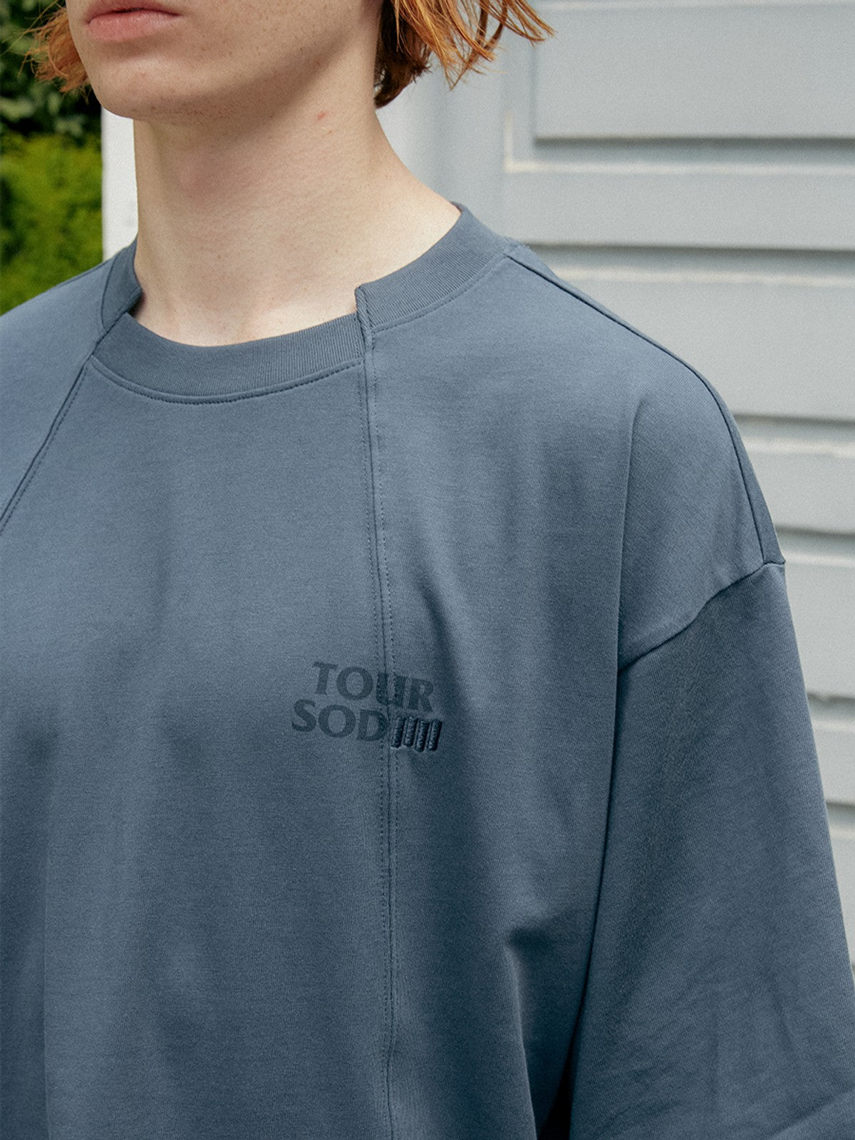 SOD Online Store Deconstructed Panel Cotton T Shirt in Teal - On Model