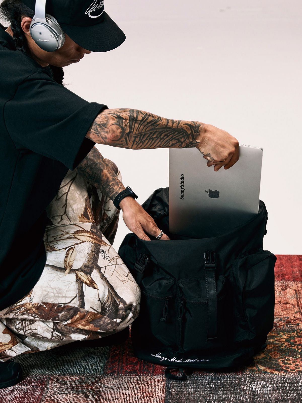 SWFI Far East Large Nylon Drawstring Backpack in Black - On Model