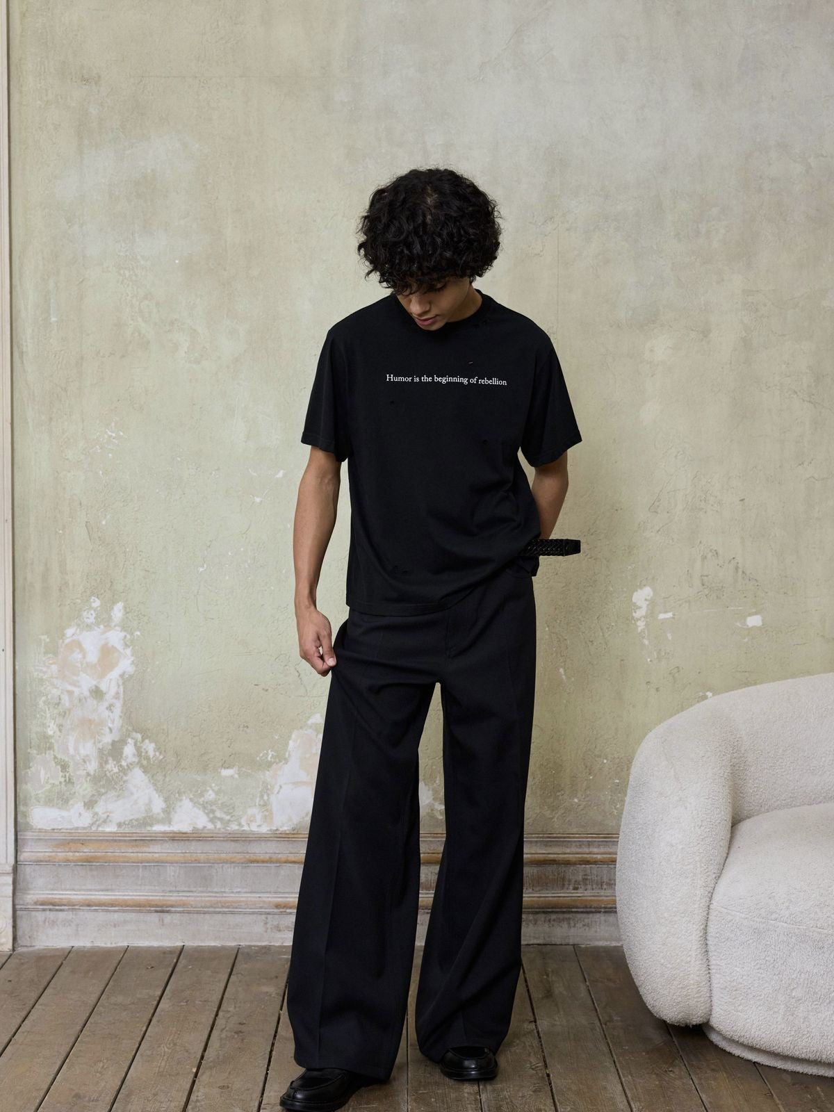 AFterTaste Distressed Slogan T Shirt in Black - On Model