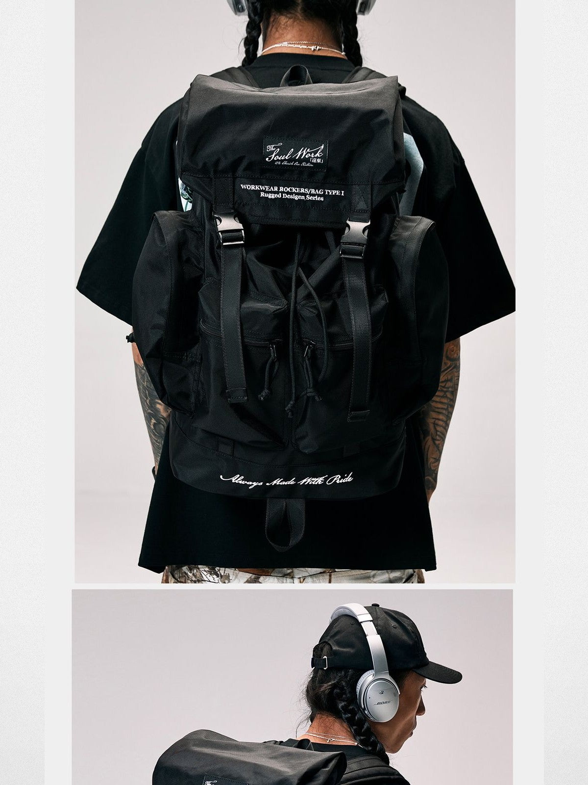 SWFI Far East Large Nylon Drawstring Backpack in Black - On Model