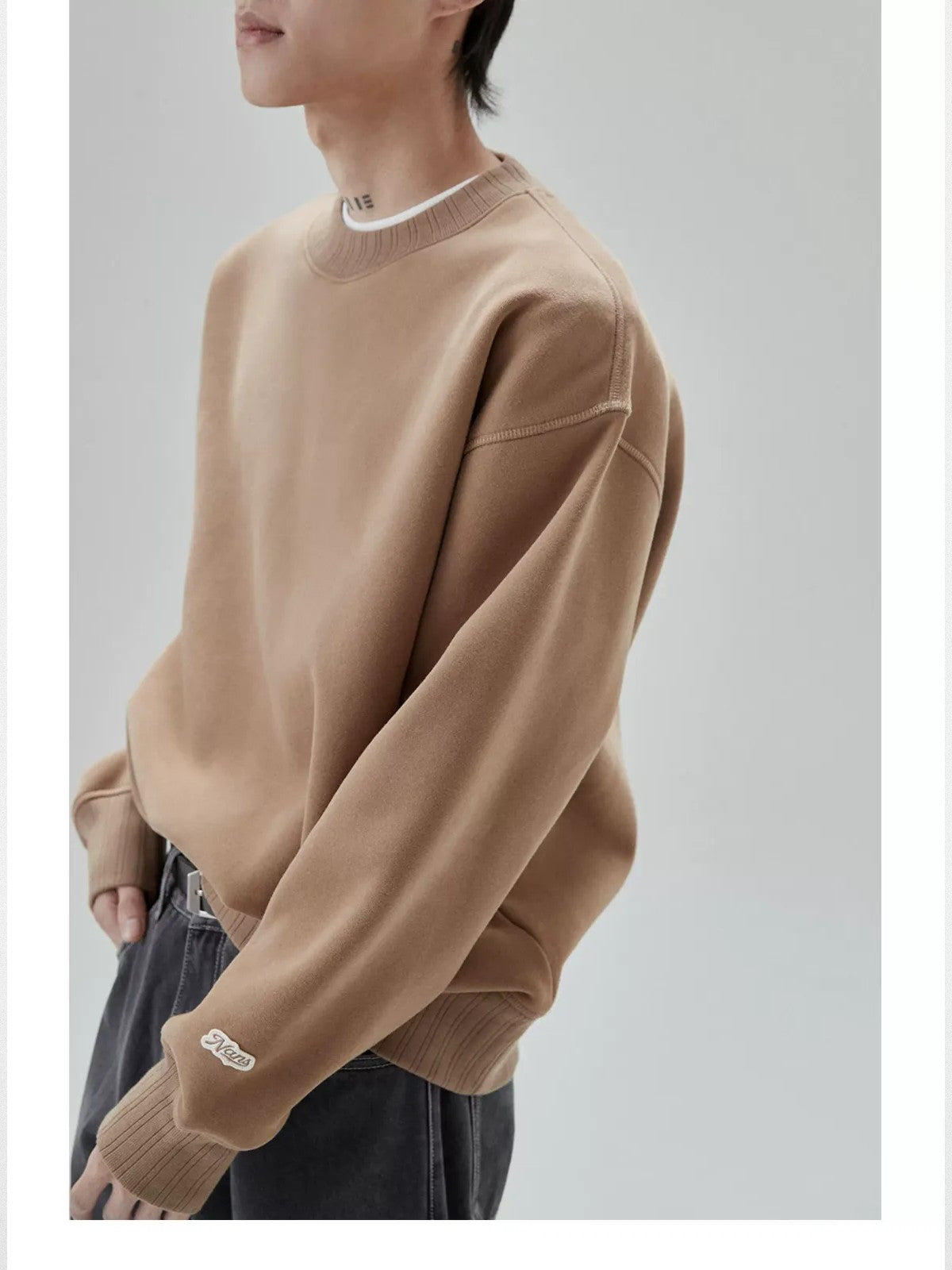 NANS Heavyweight Brushed Fleece Crewneck in Brown - On Model